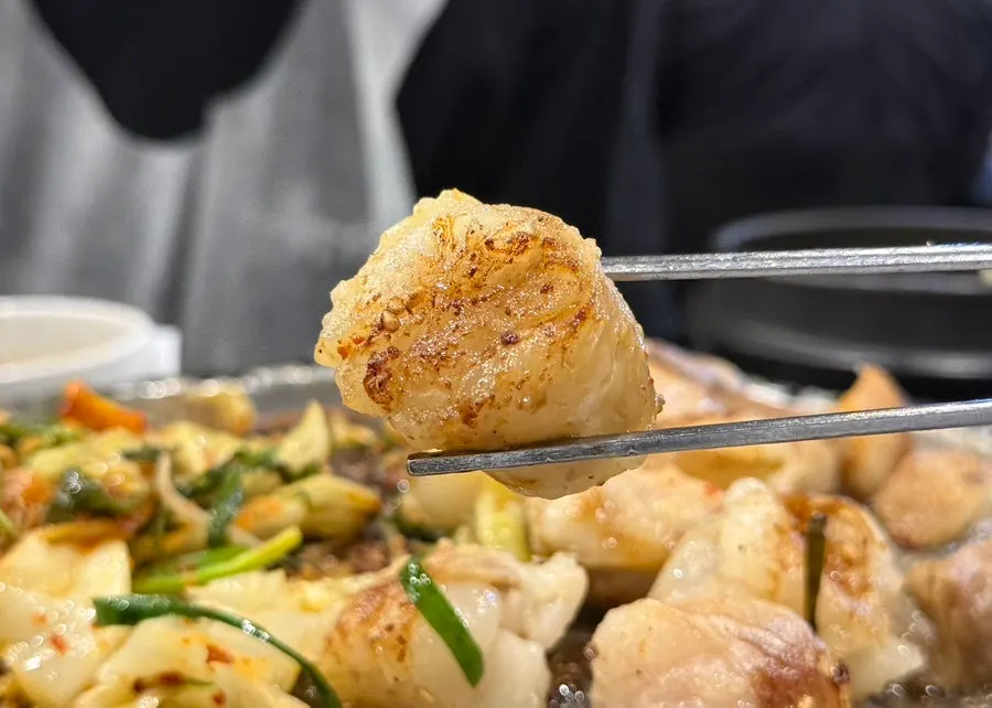 Savory hanwoo daechang with fat bursting through