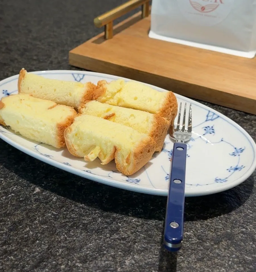 A soft slice of castella on a plate