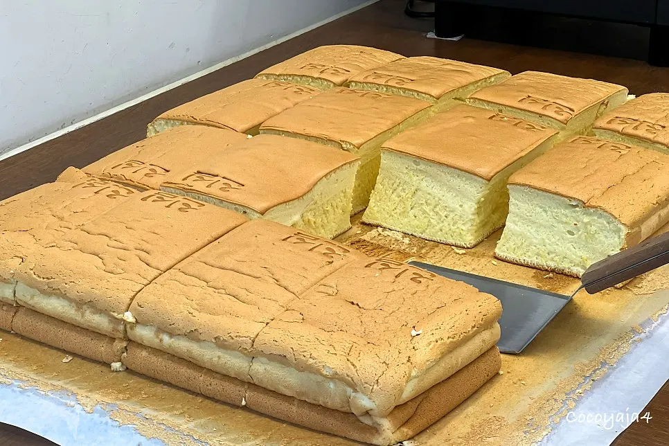 Neatly sliced giant castella on display