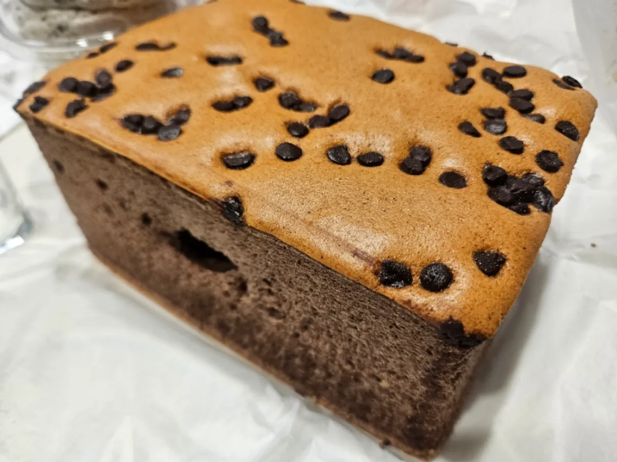 Chocolate castella just taken out of the packaging box