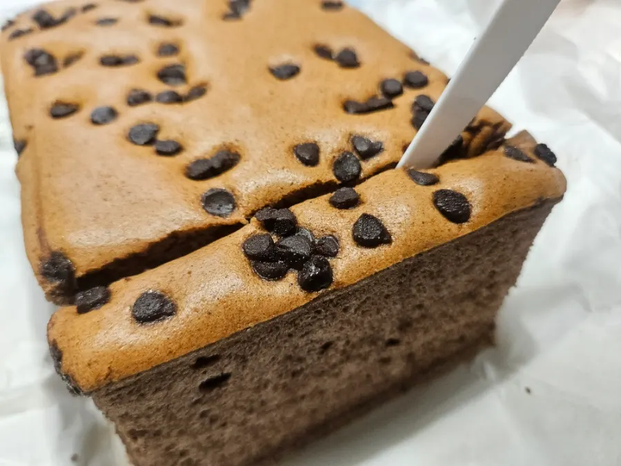 Full view of chocolate castella studded with chocolate chips