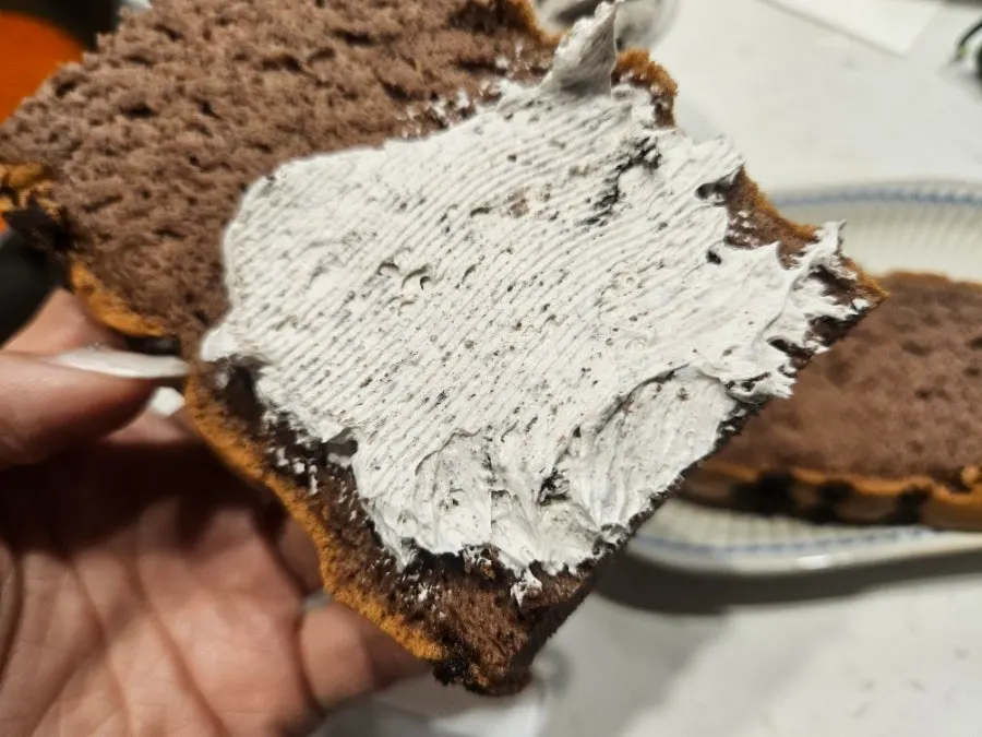Chocolate castella slice on a plate