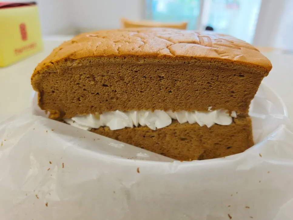 Wide shot of the chocolate castella cross-section