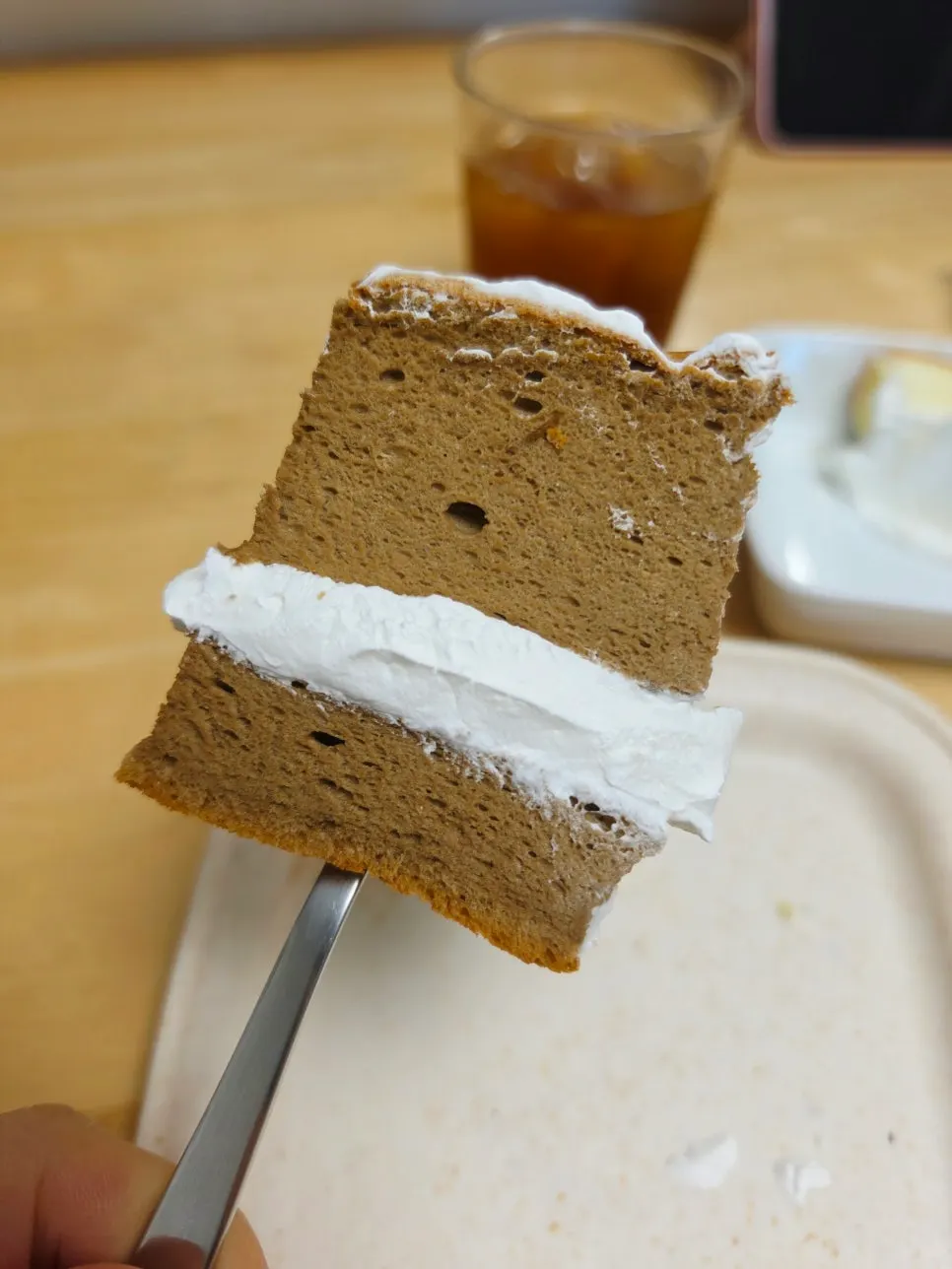 Cross-section of the mocha whipped cream castella