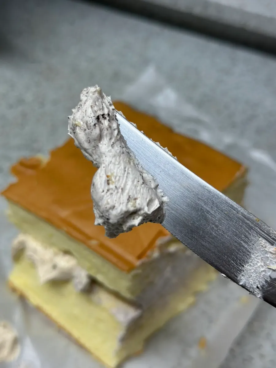 Cross-section of the giant castella filled with half-and-half cream