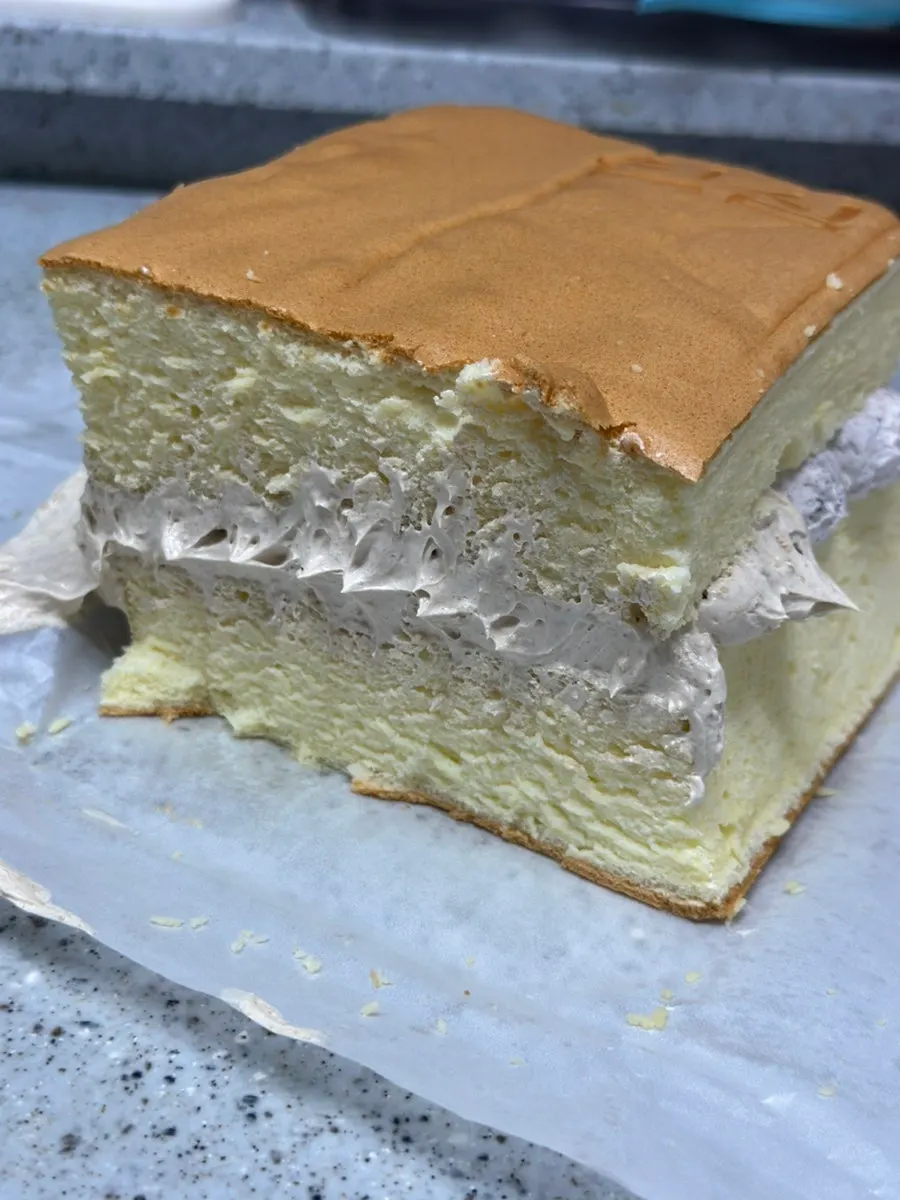 A slice of oreo cream castella