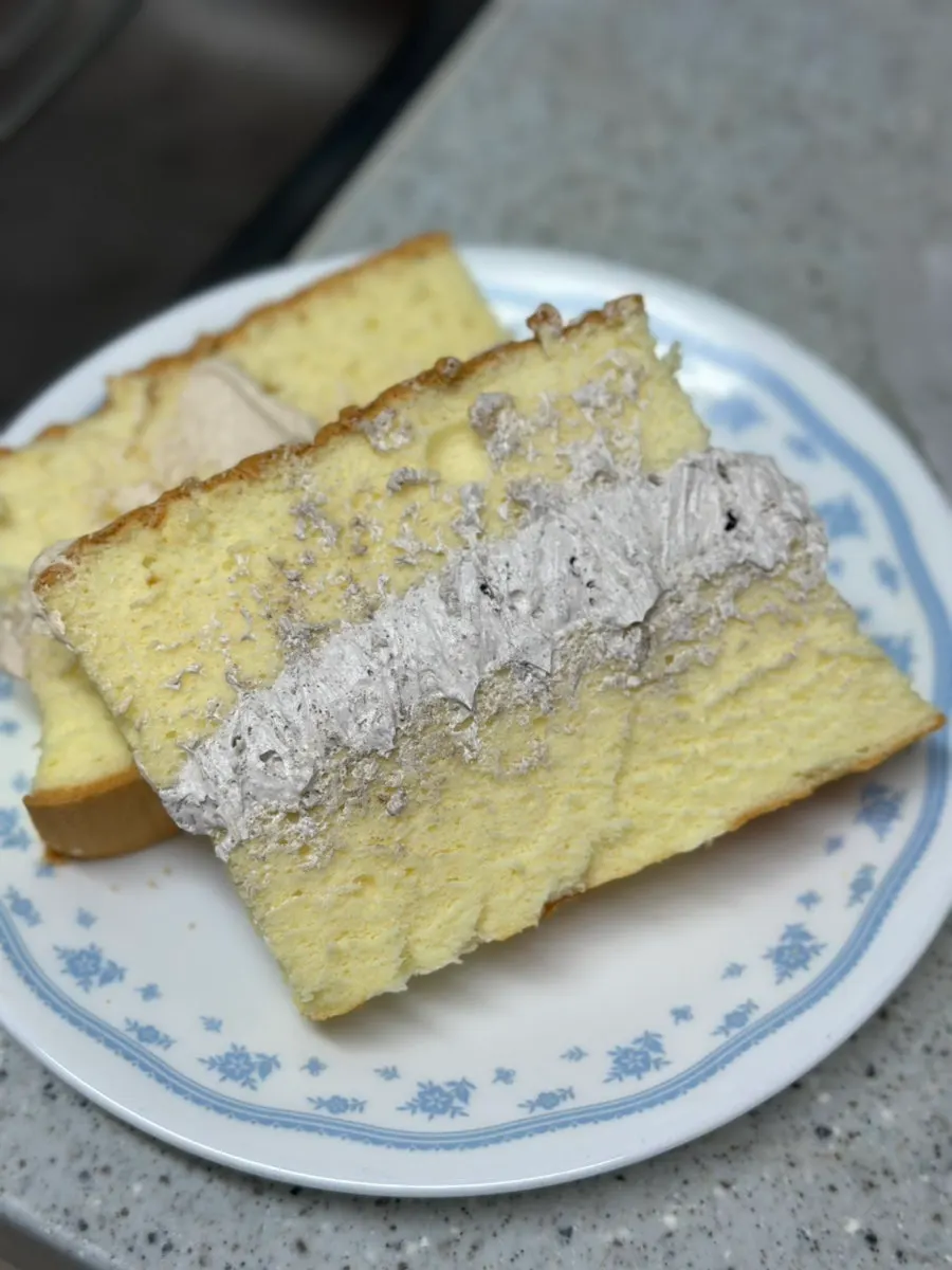 Oreo and injeolmi cream castella slices placed together