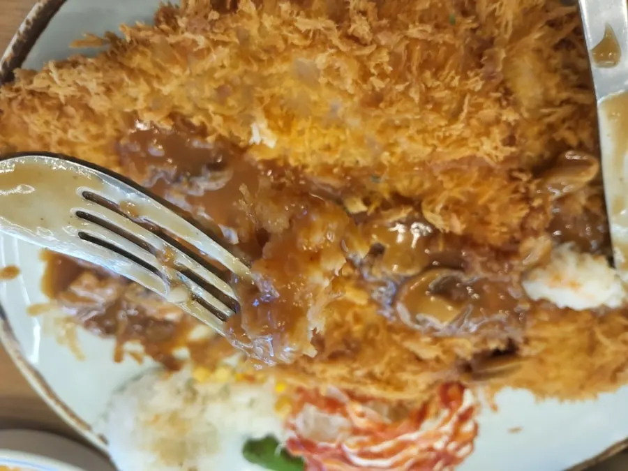 Close-up of the crispily fried wang donkatsu