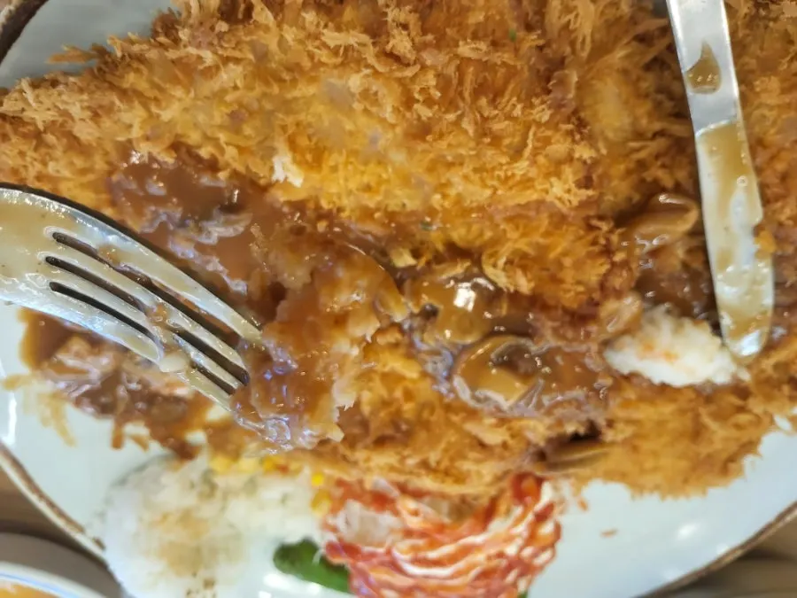 Cross-section of the wang donkatsu cut with a knife