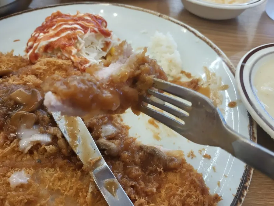 Wang donkatsu with the house special sauce poured over it
