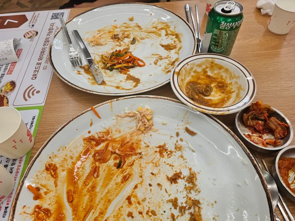 Nearly empty plates of Jjolmyeon Katsu and Cheese Waterfall Katsu