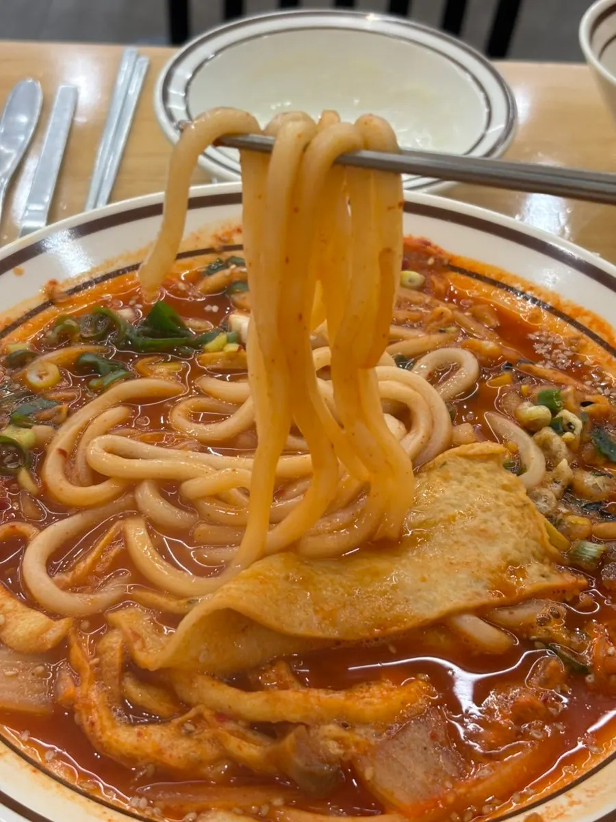 Plump udon noodles lifted from the bowl