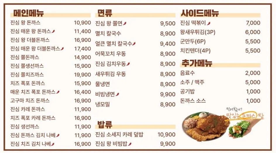 Menu board at Jinsimwang Donkatsu Seogwangju Branch