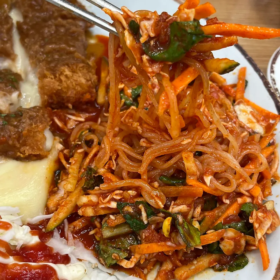 Sweet and spicy jjolmyeon served with jjol cheese katsu