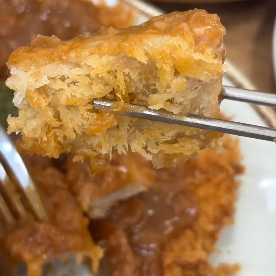 A piece of jumbo tonkatsu topped with sauce