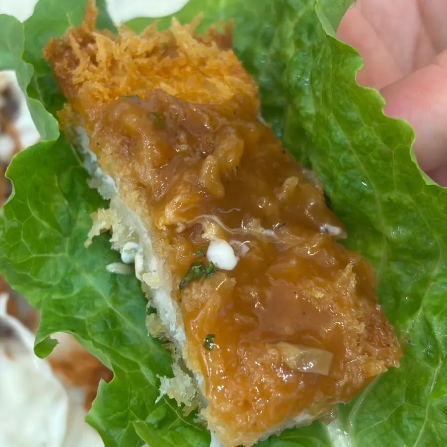 Tonkatsu and fish cutlet wrapped in lettuce