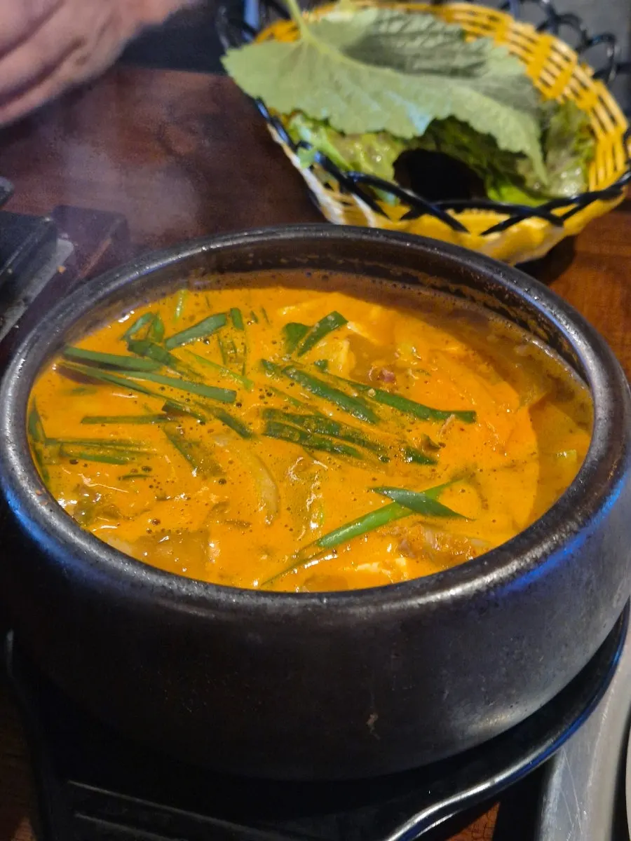 Beef cheonggukjang stew served in an earthenware pot