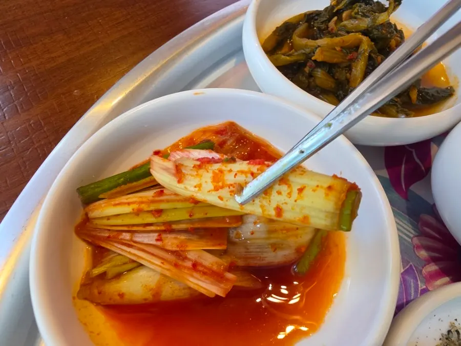 Neatly arranged green onion kimchi and yeolmu side dishes