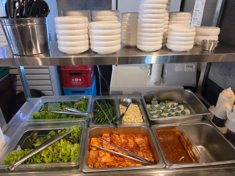 Self bar where banchan and lettuce can be refilled