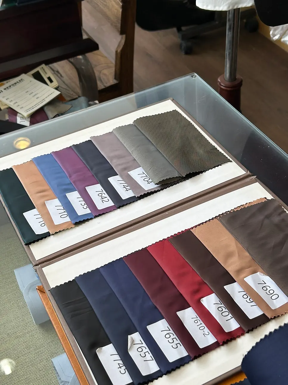 Navy jacket fabric paired with wine lining