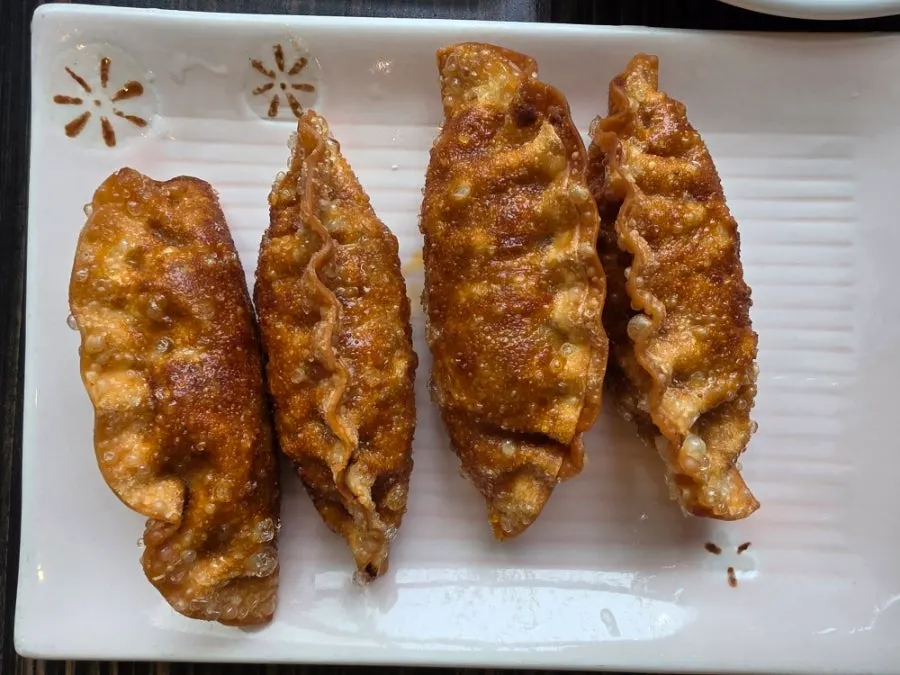 A plate of crispy fried dumplings served as a complimentary item