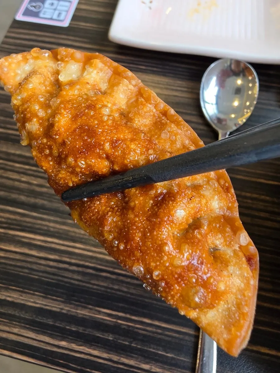 Close-up of a crispy-fried jjamppong dumpling