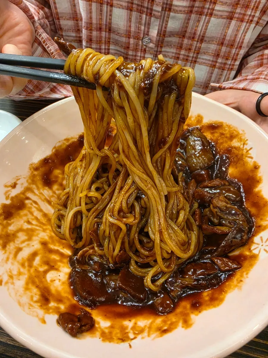 Close-up of jjajangmyeon noodles mixed with sauce