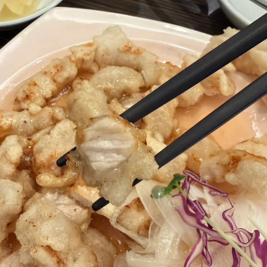 Cross-section of the rice-flour sweet and sour pork showing the meat inside