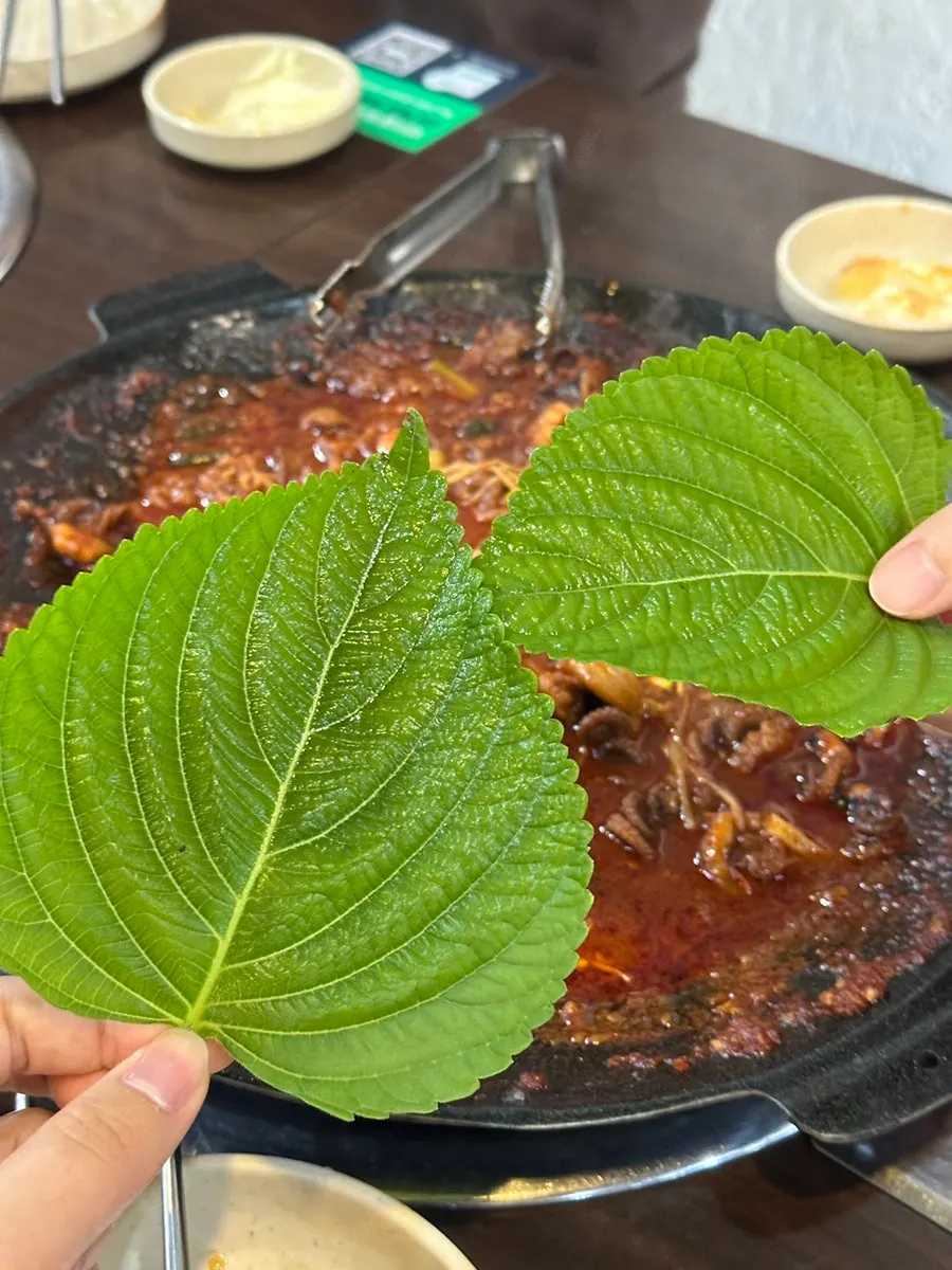 Octopus and meat piled onto a perilla leaf