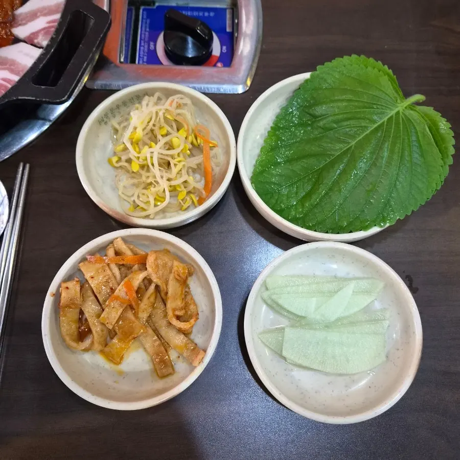 Basic side dishes including stir-fried fish cake and flying fish roe mayo sauce