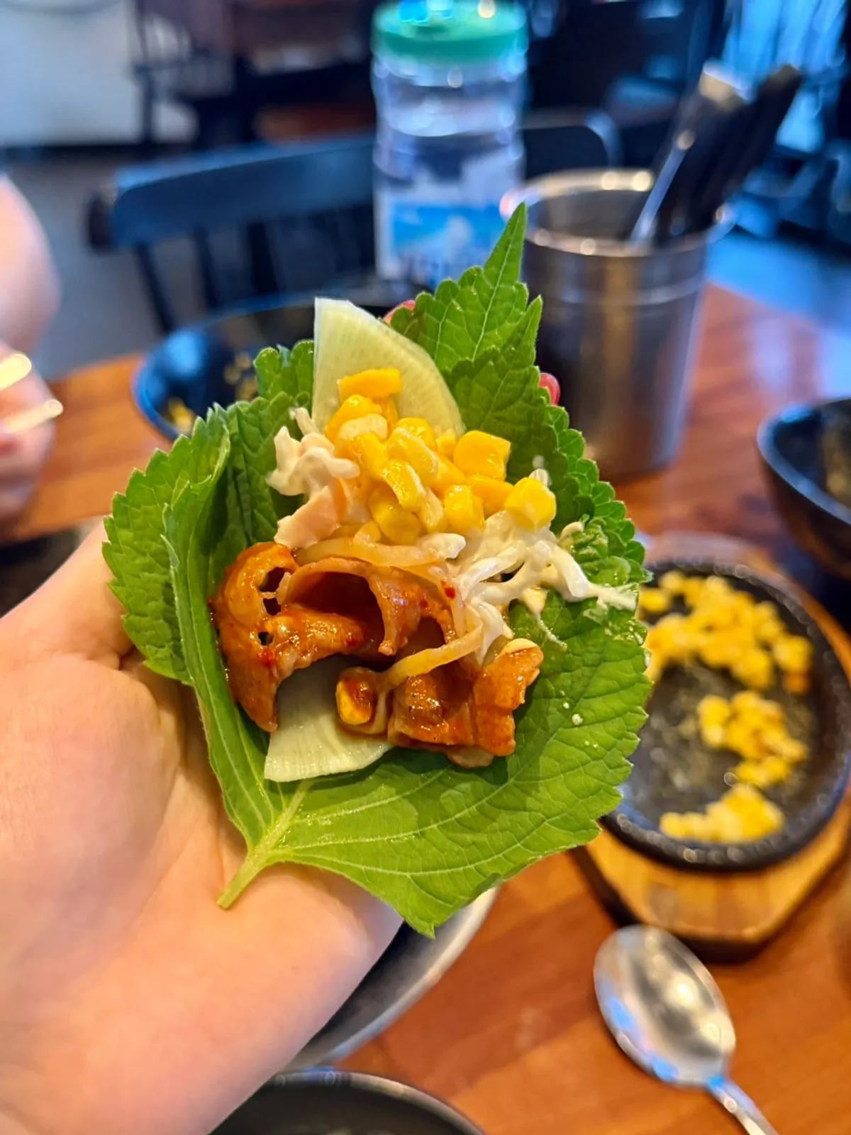 Perilla leaf and pickled radish wrap piled with fillings