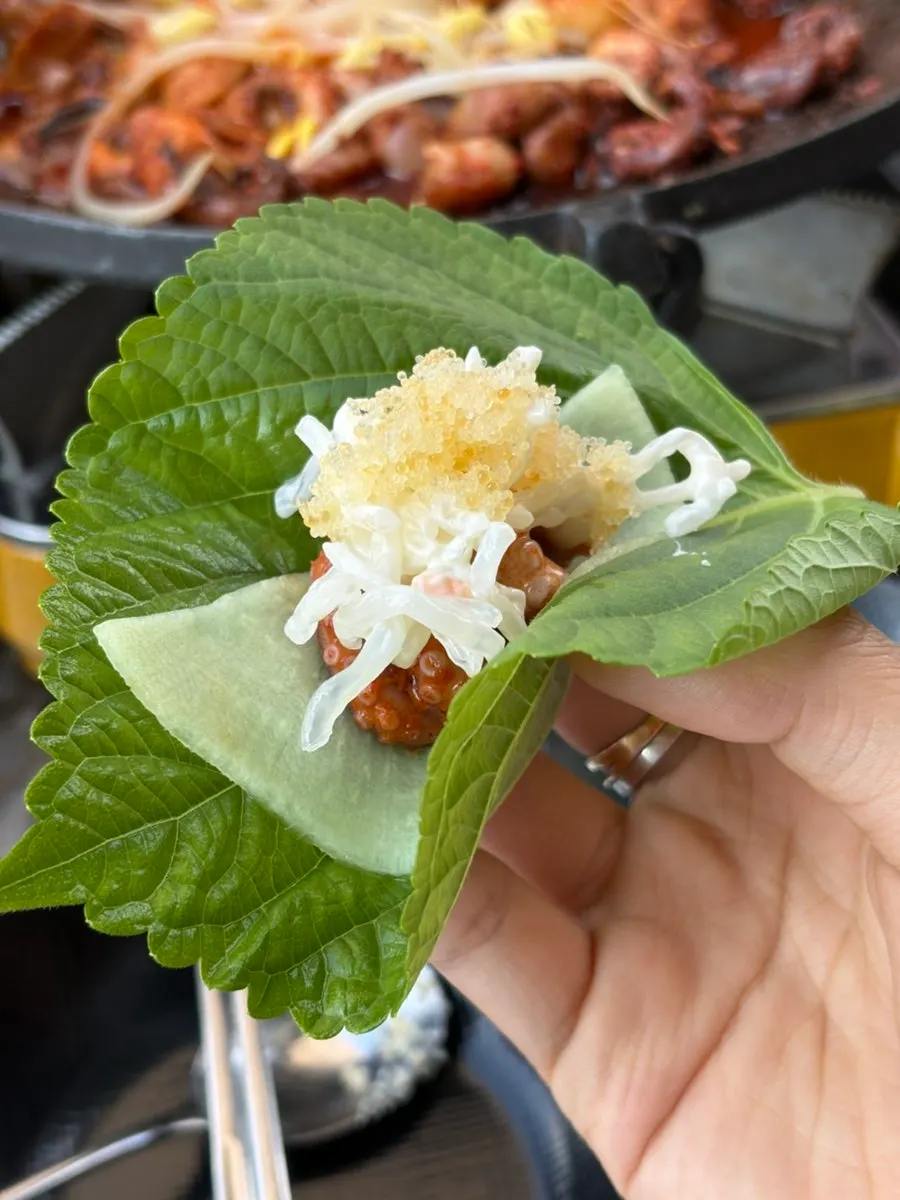 Octopus wrap topped with flying fish roe