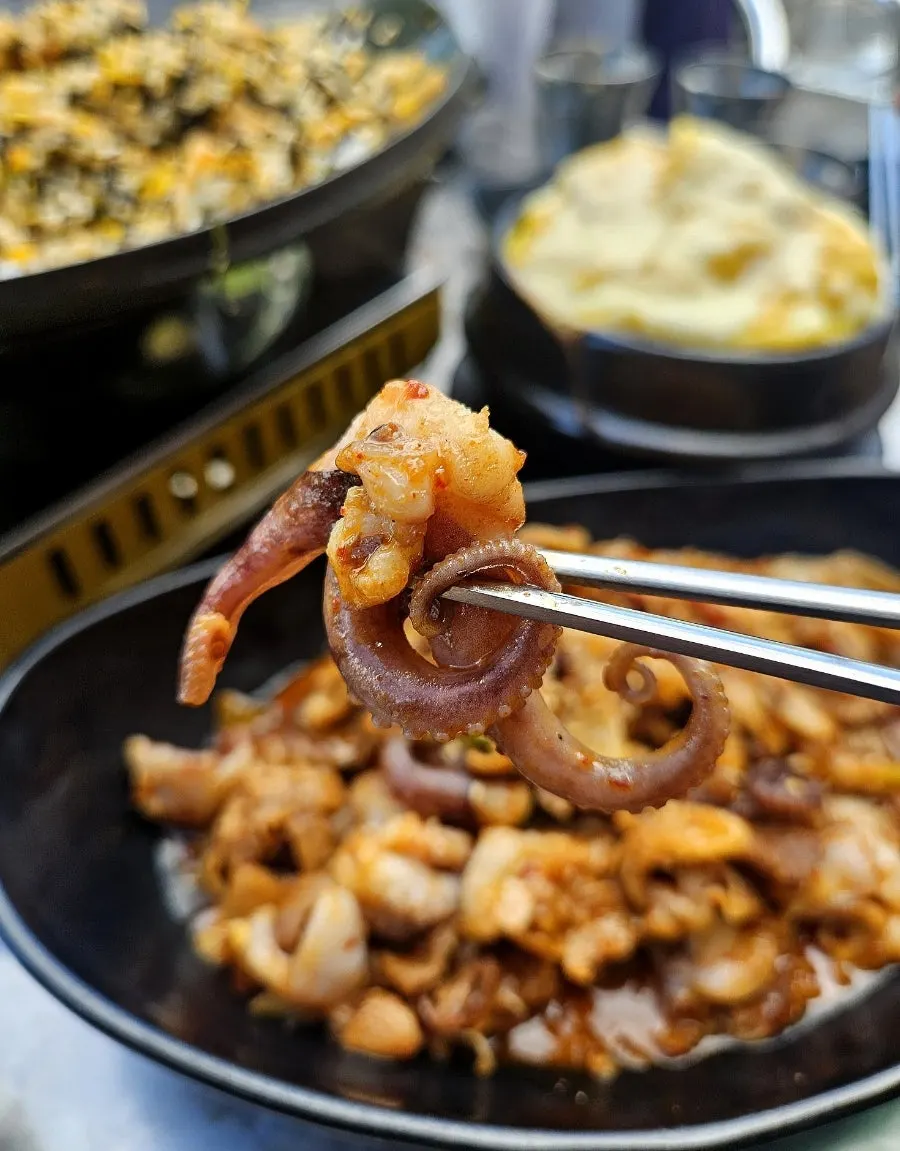 Full spread of octopus-pork belly, cheese egg custard, and fried rice