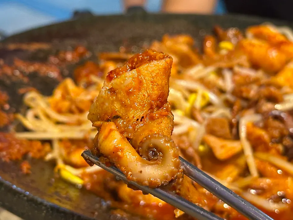 Stir-fried octopus hot plate topped with bean sprouts