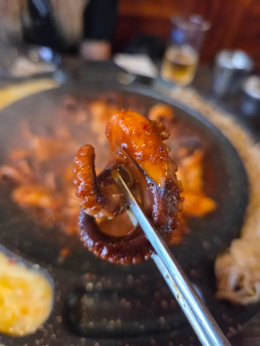 양념 입은 오동통한 쭈꾸미 집어 올리기