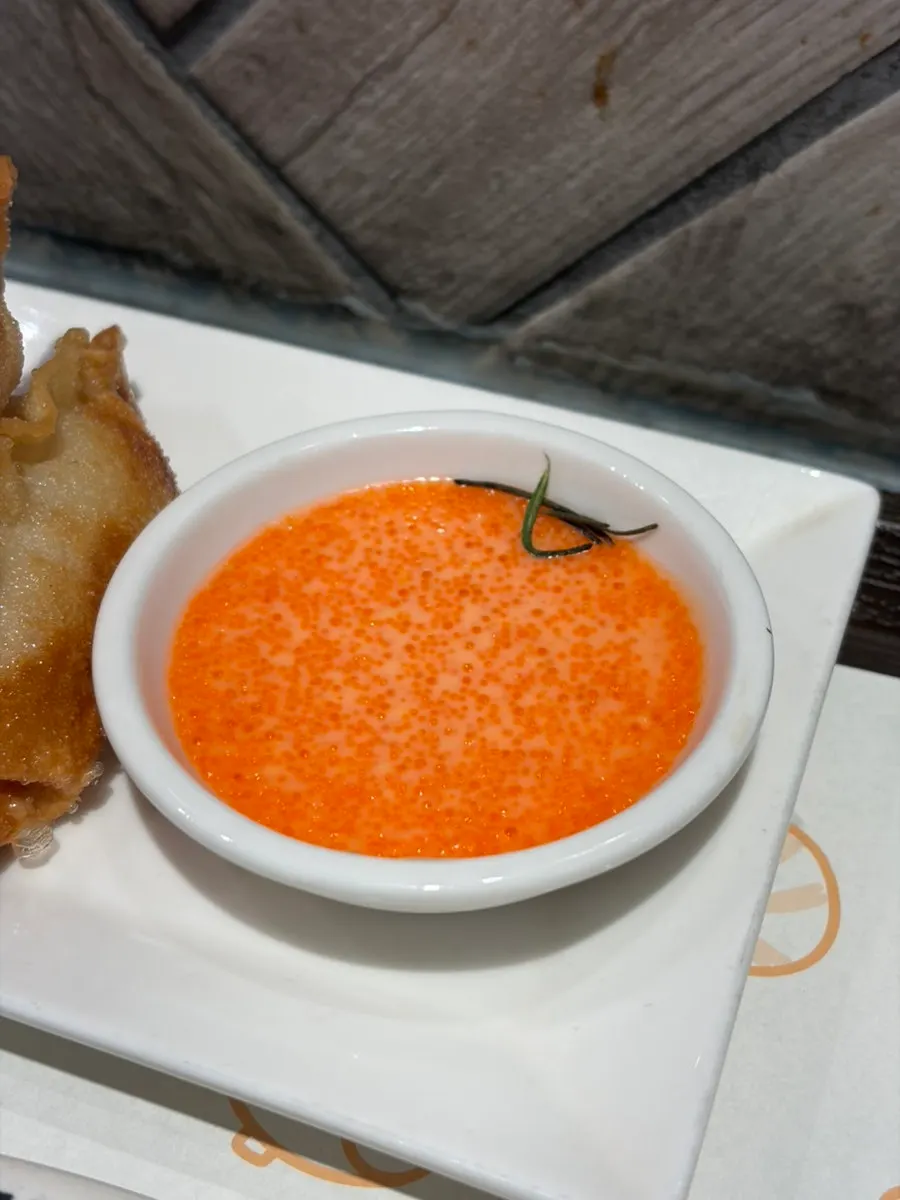 Close-up of mentaiko gyoza and mentaiko mayonnaise sauce