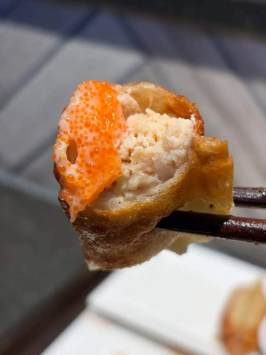 Close-up of the crispy exterior of the mentaiko gyoza