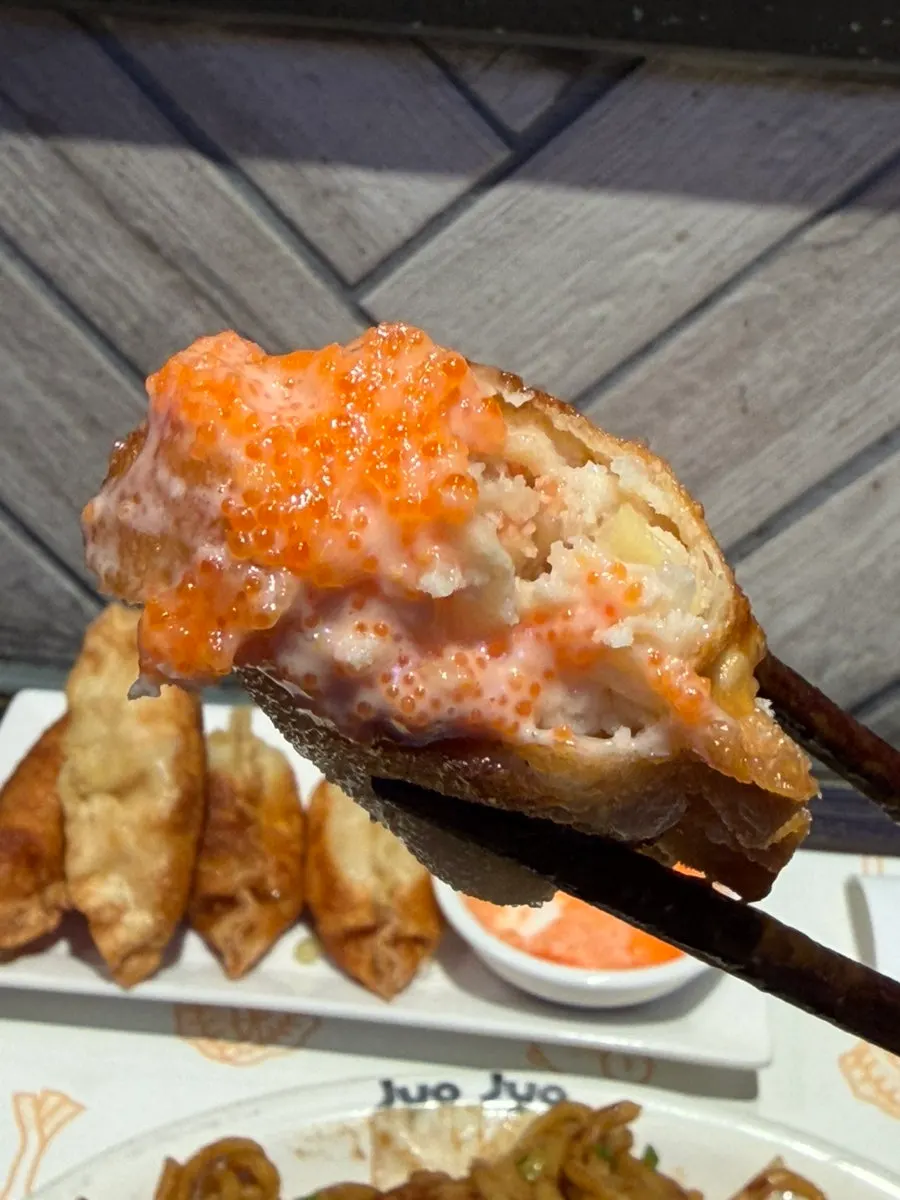 Cross-section of mentaiko gyoza showing the moist filling