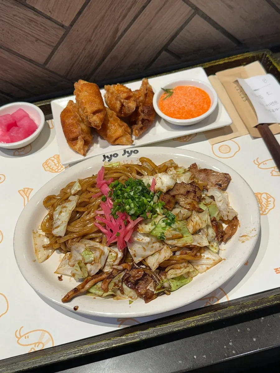 Yakisoba plated together with mentaiko gyoza