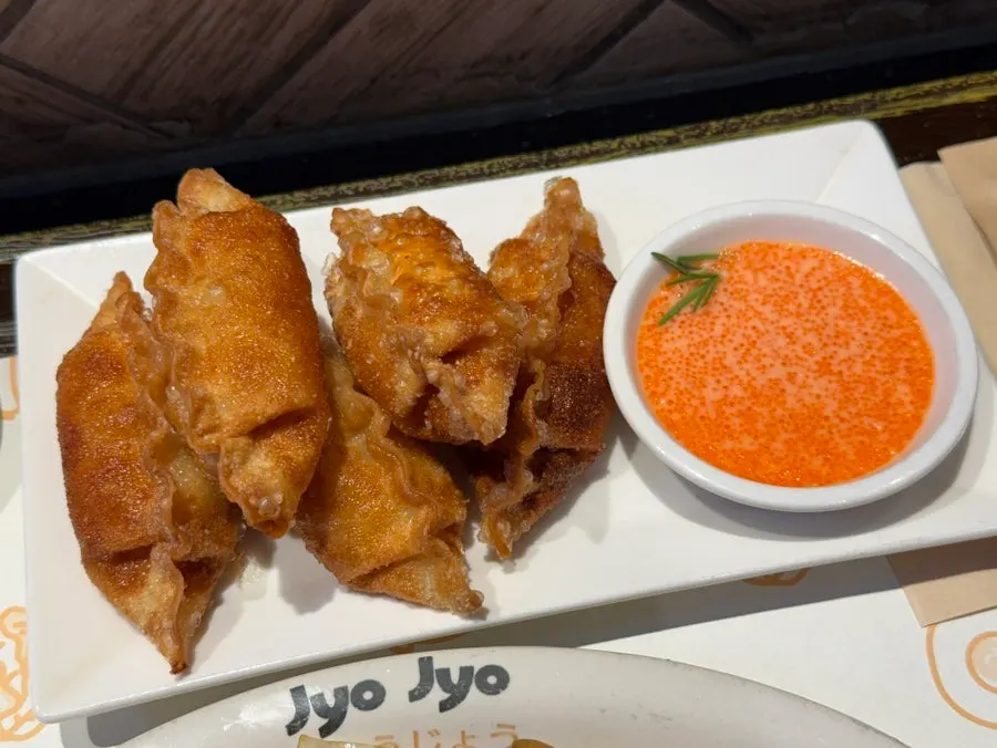 Five golden-fried mentaiko gyoza