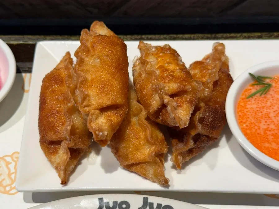 Crispy mentaiko gyoza on a plate