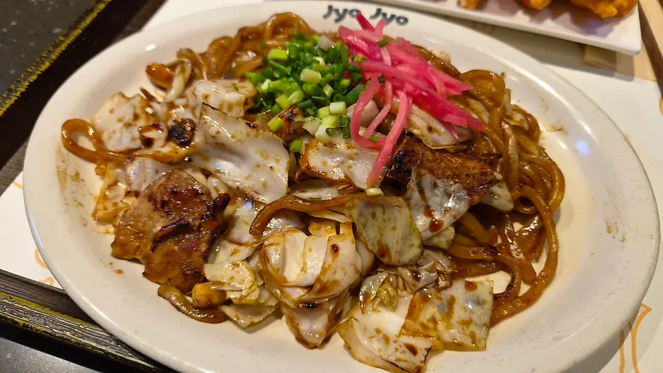 Close-up of yakisoba noodles loaded with cabbage