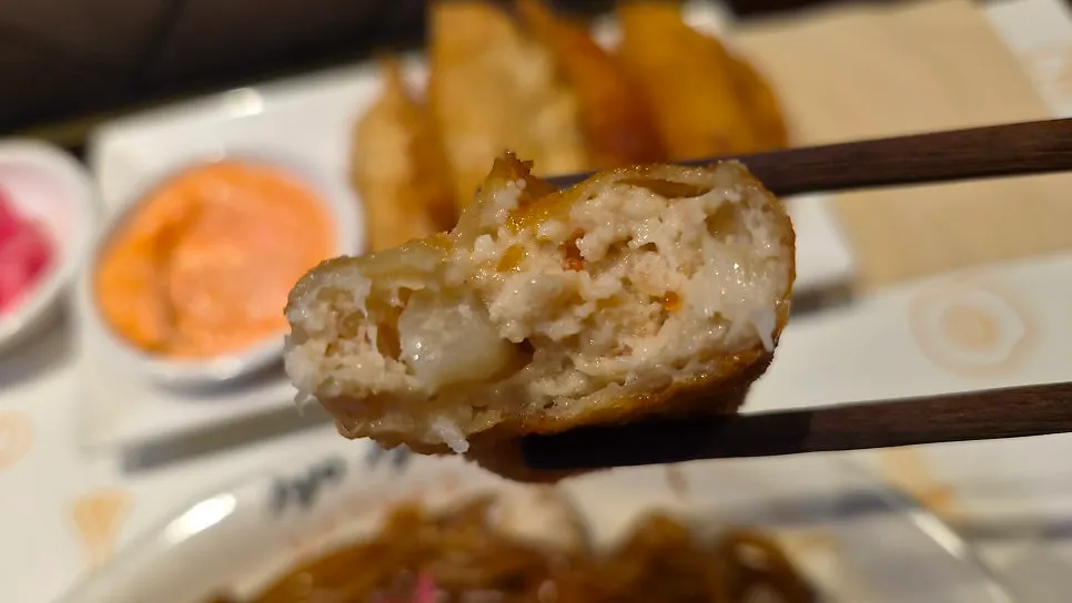 Cross-section of a bitten mentaiko gyoza