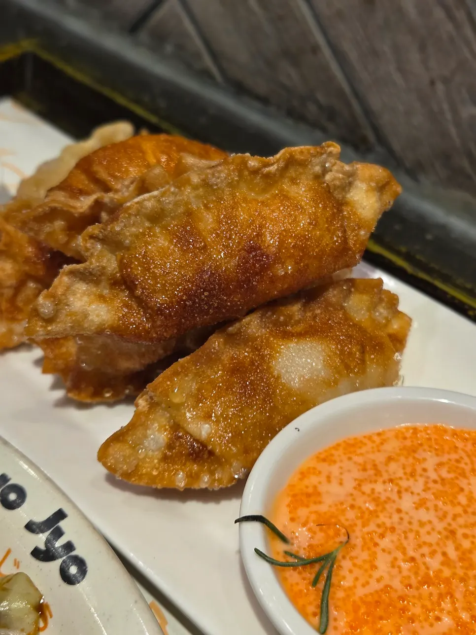 Cross-section of a mentaiko gyoza showing a full filling