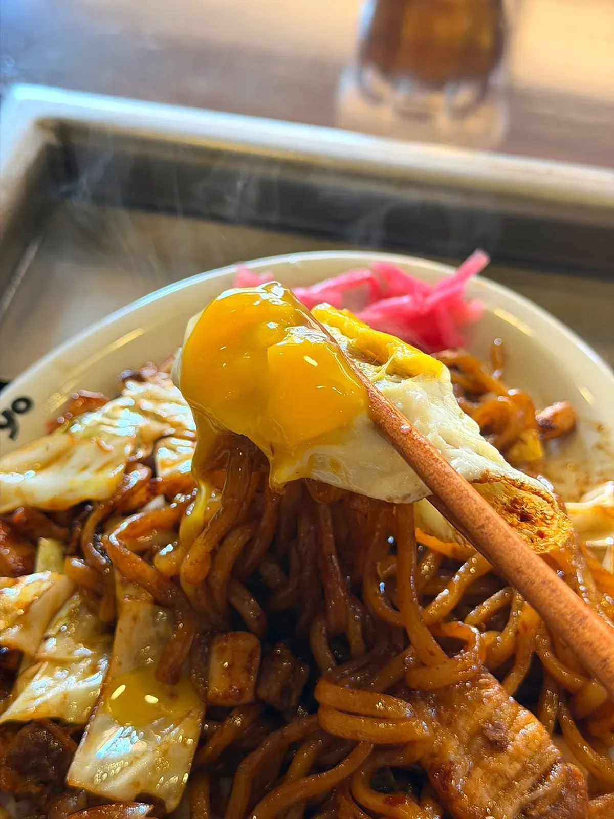 A chopstick-full of fresh yakisoba noodles