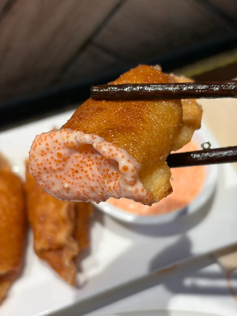 Cross-section of a crispy-outside, juicy-inside mentaiko gyoza
