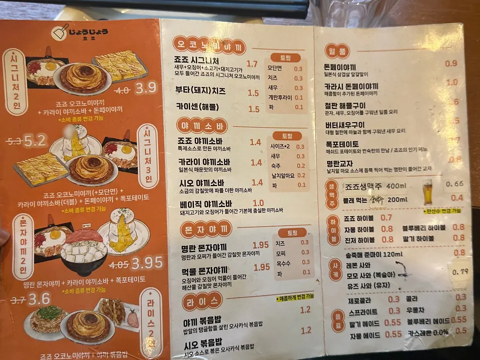 Menu board at Jojo Yeonnam Branch