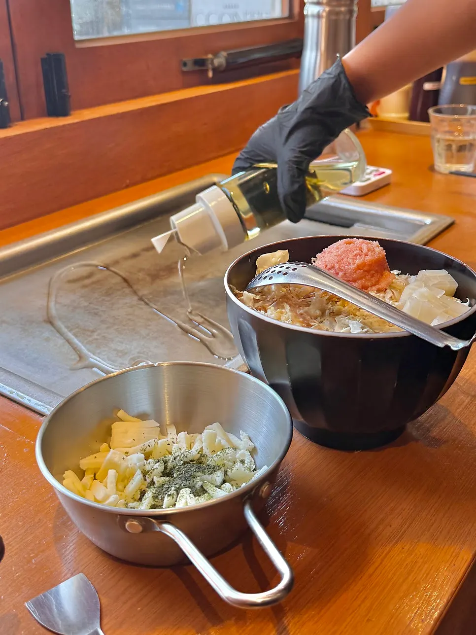 Bowl of ingredients for mentaiko monjayaki