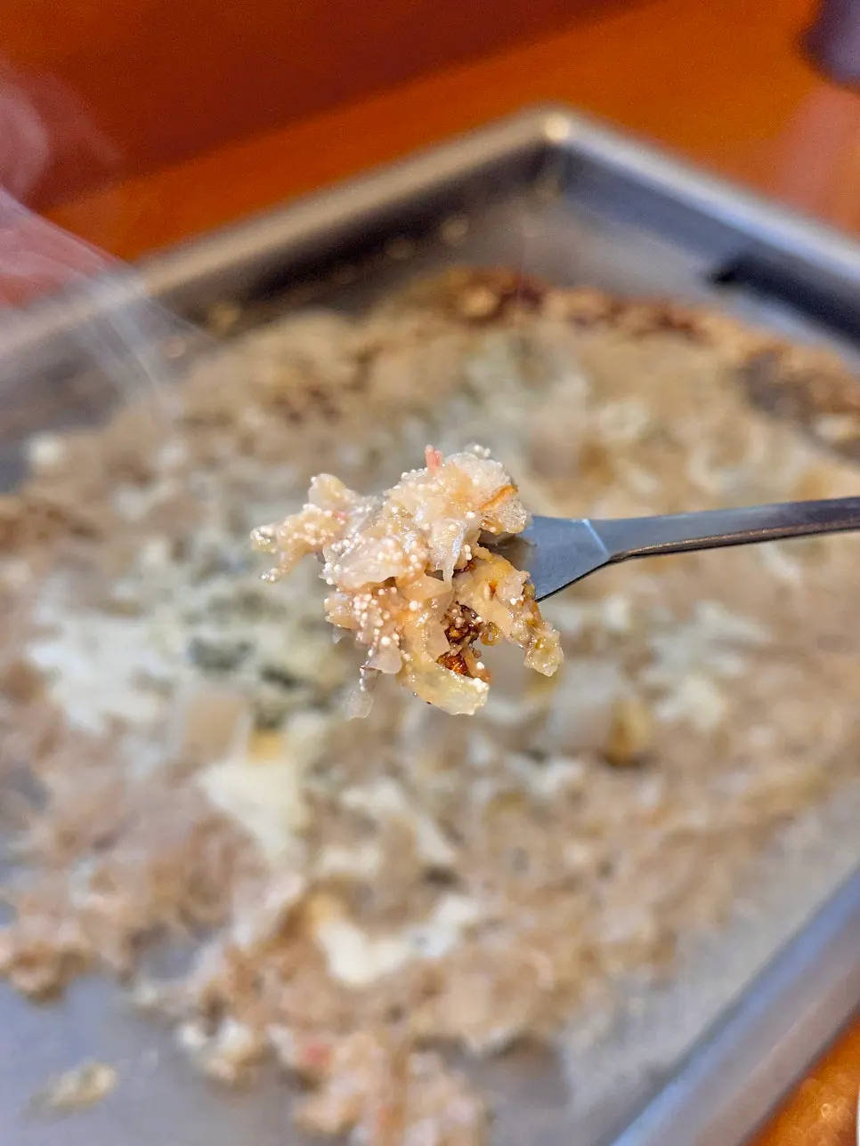 Close-up of the finished mentaiko monjayaki