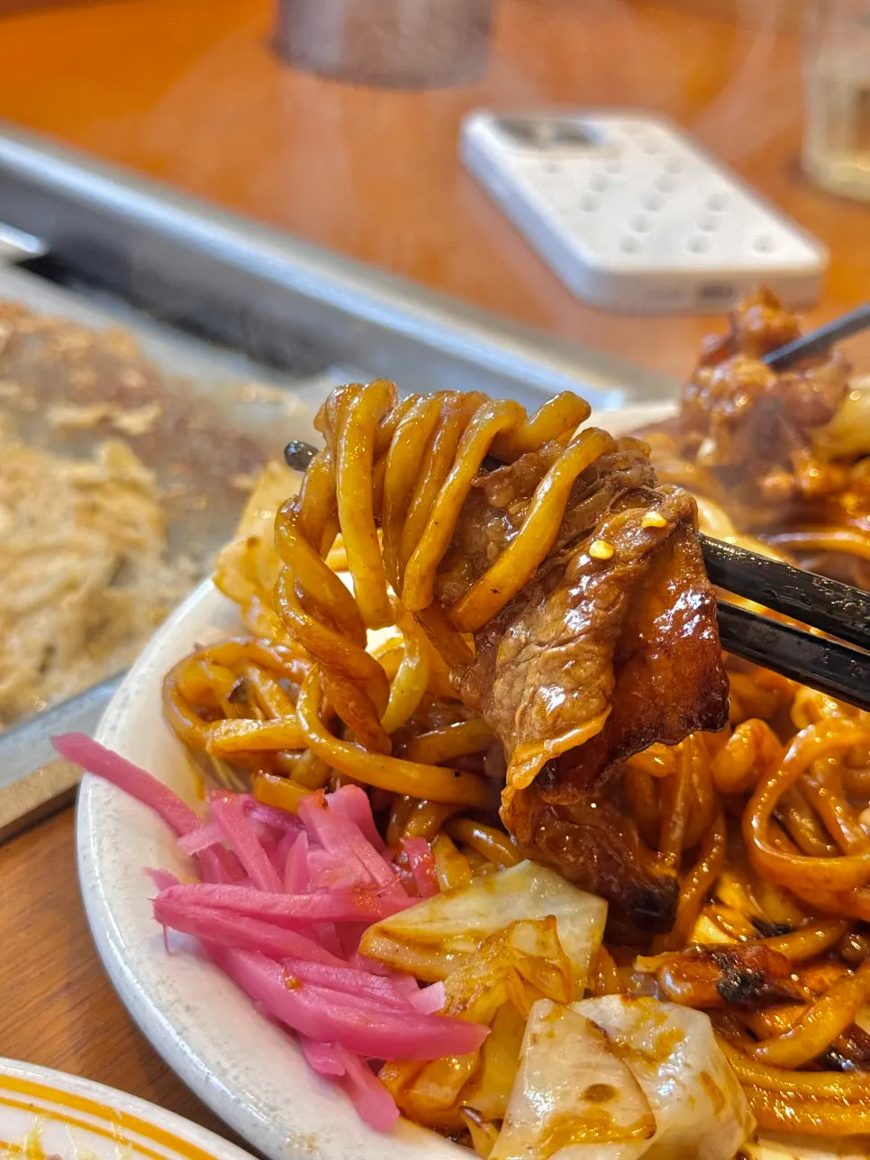 Close-up of the spicy yaki udon noodles